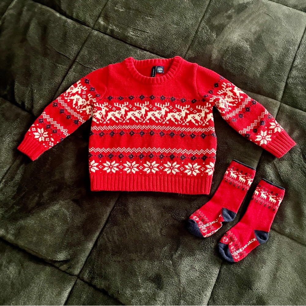 Christmas sweater, Janie and Jack, 6-12mos, red reindeer, matching socks, baby
